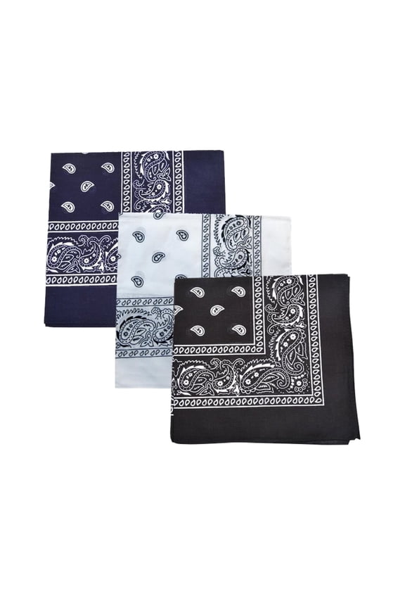 Paisley 100% Cotton Bandanas - 3 Pack (3 Mixed (Black/Blue/White))
