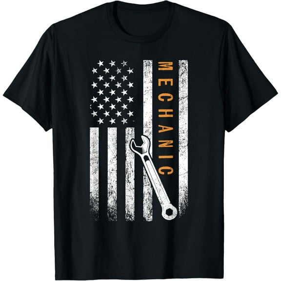 Mechanic American Flag Design T-Shirt men and women can wear, black, white, gifts