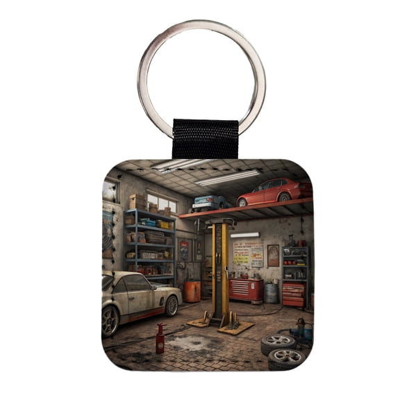Mechanic Auto Garage Shop Faux Leather Square Keychain