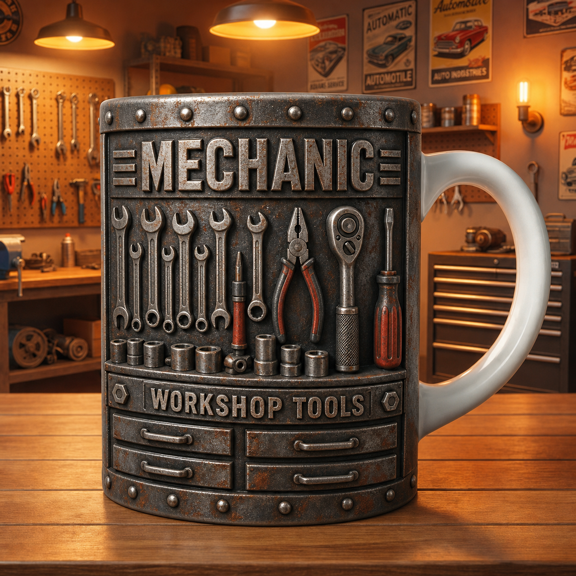Mechanic Coffee Mug Industrial Tool Design, Rugged Workshop Gift for Auto Techs
