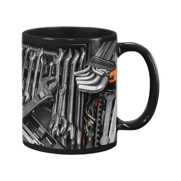 Mechanic Coffee Mug, Toolbox Set, Car Handyman Kit, Wrenches, Machinist Tool Gift For Husband Dad Car Enthusiasts - 11 Oz Ceramic Tea Cup,Toolbox Wrench Machinist Handyman Kit Design,Black,