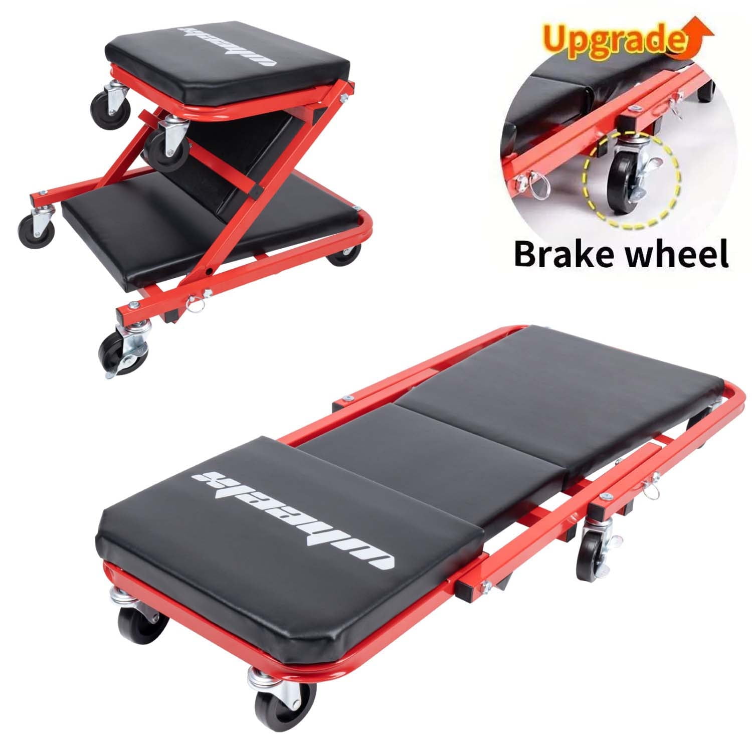 Walmart discounts of Mechanic Creeper 36 inches 2-in-1 Z Seat with Brake, 340 lbs Capacity, Foldable Garage Chair Adjustable Rolling Folding with 6 Pcs Wheels Roller, Lay Down or Sit Under Car Auto Repair, Red & Black