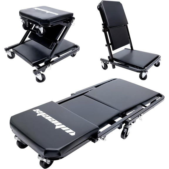 Mechanic Creeper 36 inches 3-in-1 Mode Z Seat 340lbs Capacity, Foldable Garage Adjustable Rolling Folding with 6 count Wheels Roller, Lay Down Sit Lean , Under Auto Repair, Black, Man