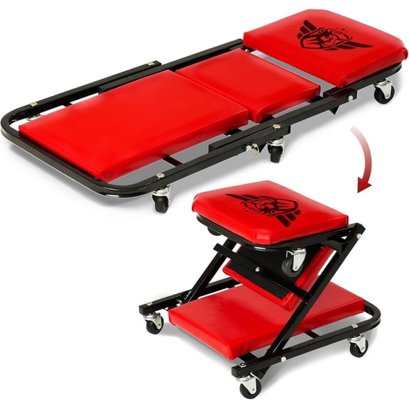 Mechanic Creeper Bench & Stool 2 in 1 - Folding Adjustable Chair Z Design 300 Lbs Capacity - Heavy Duty Garage Seat Tool 6 Wheels - Gift Ideas for Car Guy Maintenance Repair Shop Equipment