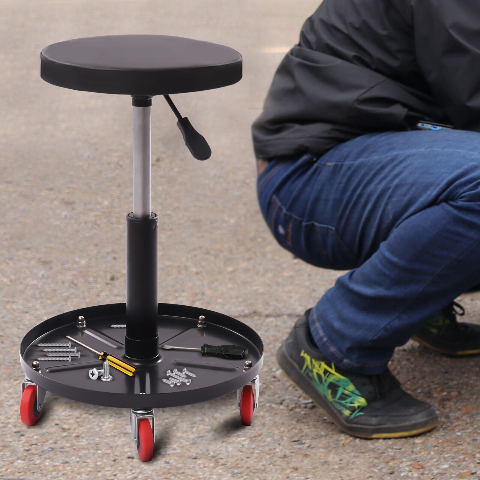 Mechanic Creeper Rolling Seat Work Shop Repair Chair Roller Chair w/ Tool Tray Mechanics Rolling Creeper Seat Pneumatic Chair with Tray Shop Garage Adjustable