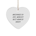thumbnail image 1 of Mechanic Gifts from Mom, Christmas Heart Ornament by Day, World's Best Mom by Night., 3-inch White Ceramic Heart-Shaped Ornament, 1 of 1