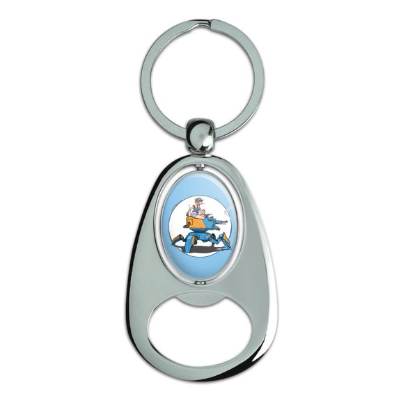 Mechanic Girl Riding Mecha Robot Tank Mech Engineer Keychain Chrome Metal Spinning Oval Bottle Opener