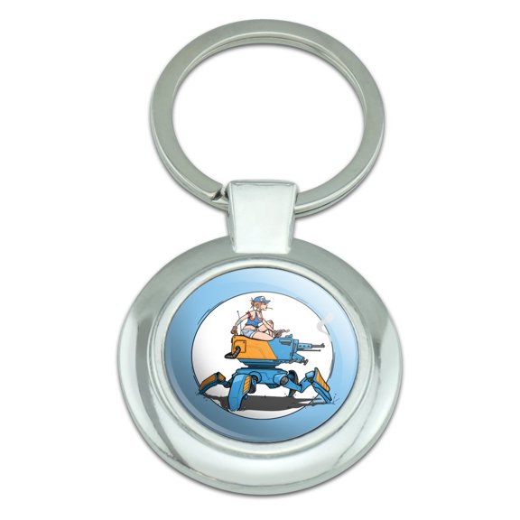 Mechanic Girl Riding Mecha Robot Tank Mech Engineer Keychain Classy Round Chrome Plated Metal