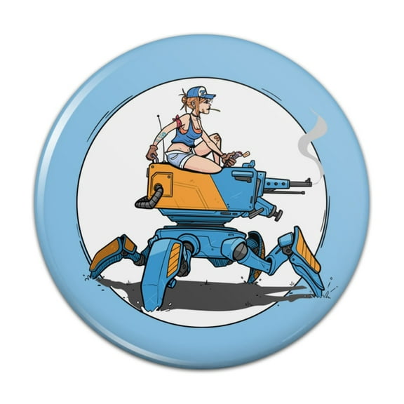 Mechanic Girl Riding Mecha Robot Tank Mech Engineer Kitchen Refrigerator Locker Button Magnet