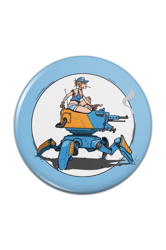 Mechanic Girl Riding Mecha Robot Tank Mech Engineer Pinback Button Pin
