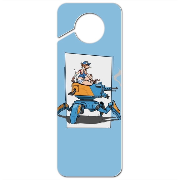 Mechanic Girl Riding Mecha Robot Tank Mech Engineer Plastic Door Knob Hanger Sign