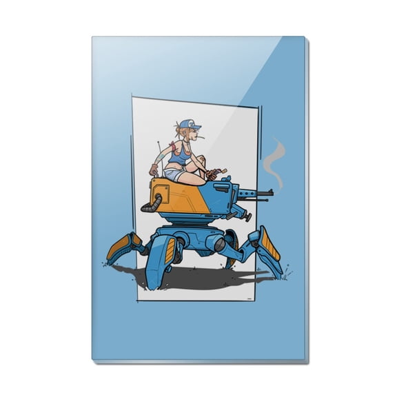 Mechanic Girl Riding Mecha Robot Tank Mech Engineer Rectangle Acrylic Fridge Refrigerator Magnet