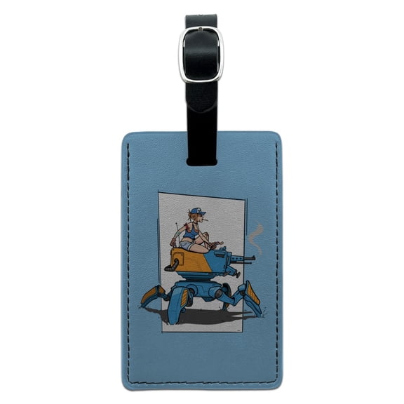 Mechanic Girl Riding Mecha Robot Tank Mech Engineer Rectangle Leather Luggage Card Suitcase Carry-On ID Tag
