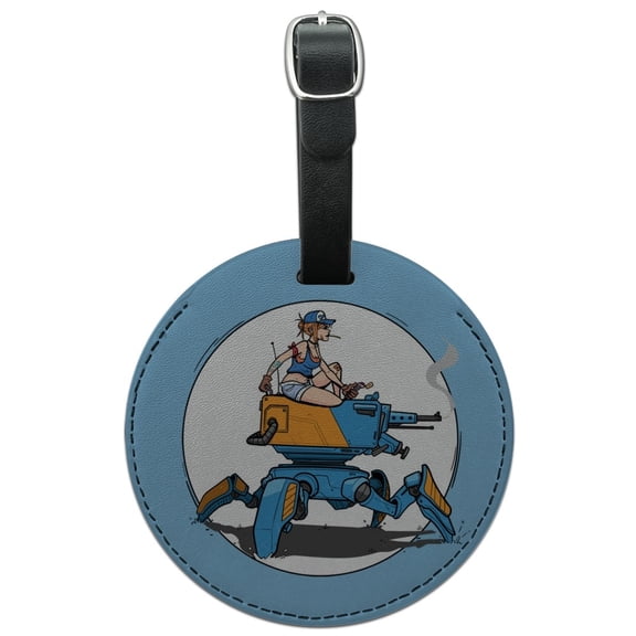 Mechanic Girl Riding Mecha Robot Tank Mech Engineer Round Leather Luggage Card Suitcase Carry-On ID Tag