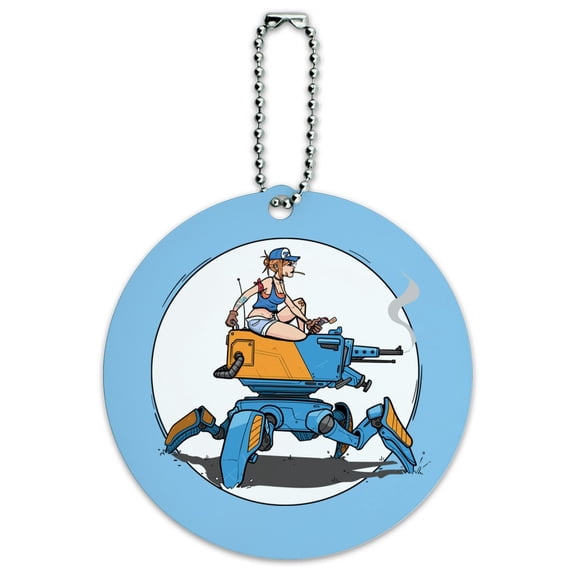 Mechanic Girl Riding Mecha Robot Tank Mech Engineer Round Luggage ID Tag Card Suitcase Carry-On