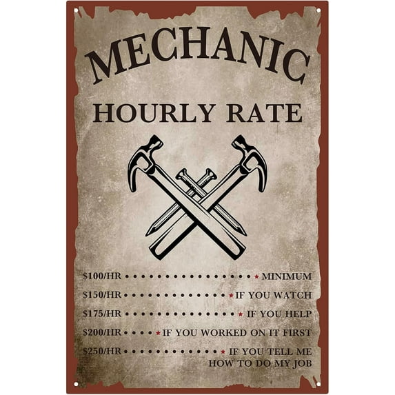 Mechanic Hourly Rate Metal Tin Sign Mechanic Shop Decor Car Garage Shop Tool Vintage Iron Sign Painting Poster Plaque Retro Mural Hanging Wall Art for Home Men Gifts Decorations 8 x 12 Inch