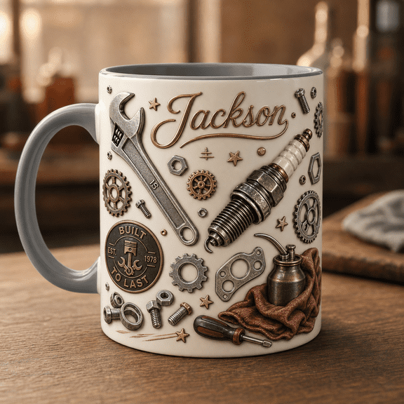 Mechanic Mug with 3D Effect Personalized Name Wrench & Spark Plug Coffee Gift