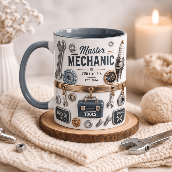 Mechanic Mug with Wrench & Toolbox Design, Master Mechanic Coffee Cup Gift