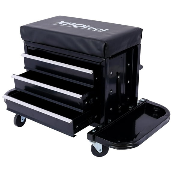 Mechanic Roller Seat with Tool Box, 3-Drawer Rolling Tool Chest Stool with Padded Seat Cushion, 350 LBS Capacity Padded Mechanic Stool with Side Tool Trays for Home, Garage, Workshop
