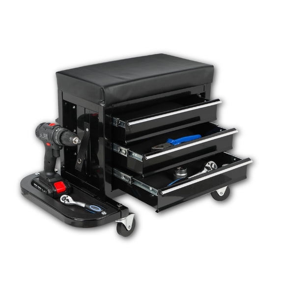 Excelo Black Mechanic Roller Seat Tool Box with 3 Drawers and Caster Wheels
