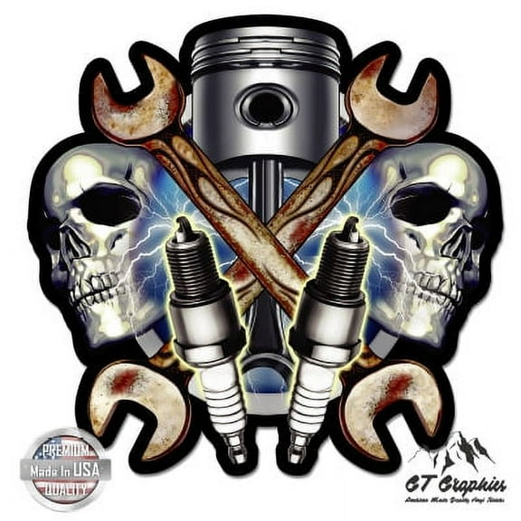 Mechanic Skull Wrenche Crossed - 3" Vinyl Sticker - For Car Laptop I-Pad Phone Helmet Hard Hat - Waterproof Decal