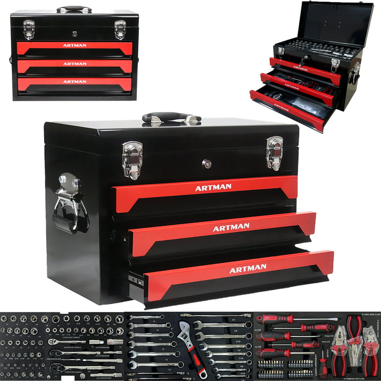 Mechanic Tool Set - Seizeen Heavy Duty Tool Box Set with 339Pcs Tools,  3-Drawer Universal Professional Tool Kit with Sockets, Ratchet Handle,  Wrenches, Pliers, Hammer, Screw Driver