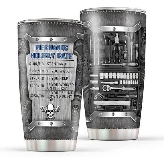 Mechanic Tumbler For Men, Mechanic Hourly Rate Coffee Tumbler, 20oz Novelty Skull Mechanic Tools Box Insulated Travel Cup Mug Mechanical Engineers Birthday Christmas Gift Idea