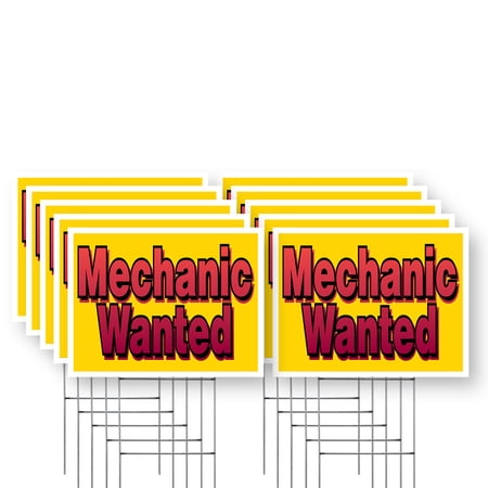 Mechanic Wanted Yard Sign 10 Pack of 18 Inch x 24 Inch Double Sided Weatherproof Heavy-Duty Plastic with Stake | Hiring Notice, Professional Auto Shops, Bold Display | Made in USA