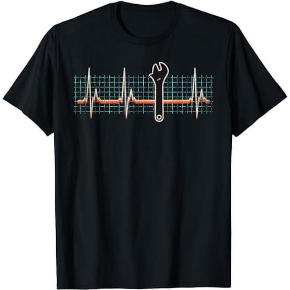 Mechanic Wrench Heartbeat Retro 80s Funny Technician Gift T-Shirt