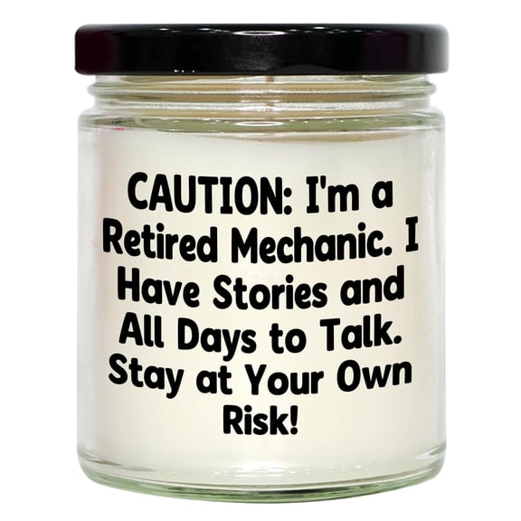 Mechanic's Garage Scented Candle Gift for Valentine's: Funny Retired Mechanic Vanilla Soy Candle for Him - 9oz Hand-Poured Soy Wax, Black Lid, Sublimation Printed Label