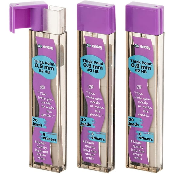 Mechanical 0.9 Lead Pencil & Eraser Refills, Black HB #2 Lead 0.5 Refill White Rubber Latex Free Eraser Refills for Pencil Tops, 2 Packs of 3 Tubes \(20 Pieces of Lead & 6 Erasers per Tube) – By Enday