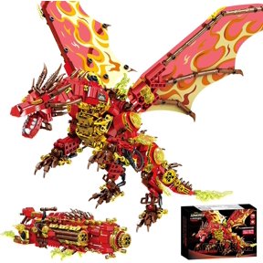Mechanical Armored Flaming Dragon Building Blocks Set 1414 Pieces | Mechanical Red Dragon Model with Flame Details Transformable Cannon Display Decor Gift for Adult Builders and Collectors