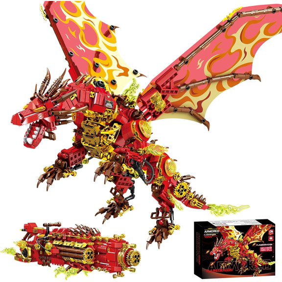 Mechanical Armored Flaming Dragon Building Blocks Set 1414 Pieces | Mechanical Red Dragon Model with Flame Details Transformable Cannon Display Decor Gift for Adult Builders and Collectors