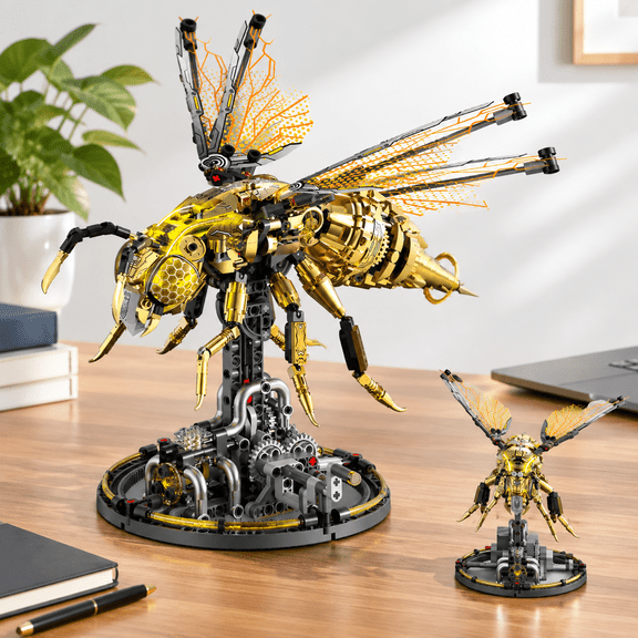 Mechanical Bee Interlocking Block Building Set with LED Light and Display Stand, 832 Pieces