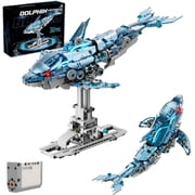 Mechanical Blue Dolphin Building Blocks Linkage Kit, Sea Animal Model with Lighting, Display Stand, STEM Power Toy, 888pcs