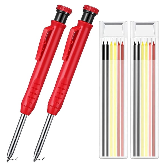 Mechanical Carpenter Pencils, Precision Deep Hole Maker For Woodworking, High-Quality Metal & Rubber Construction Pencils, Red For High Visibility On Construction Sites (Pack Of 2)