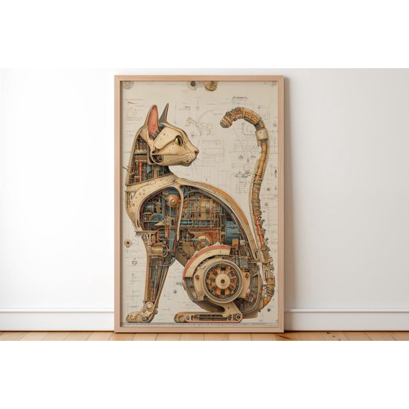 Mechanical Cat Art Print Detailed Steampunk Illustration Intricate Gear Filled Design Retro Engineering Decor Gift Idea For Him Her, Unframed Paper Print