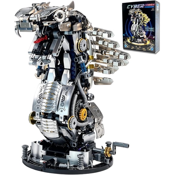 Mechanical Cobra Building Block Set, Steampunk Snake Animal Model, Collection Toy with Movable Head, Display Stand & Light, STEM Building Gift for Age 12+, (1186 PCS)
