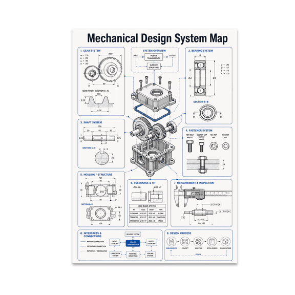 Mechanical Design System Map Poster, Mechanical Designers, Cad Teams, Classrooms, and Engineering Spaces, 13x19 Glossy Paper