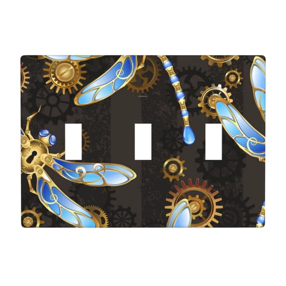 Mechanical Dragonflies Gold Steampunk 3 Gang Light Switch Cover Decorative Triple Toggle Wall Plate for Kitchen Bedroom Bathroom Living Room Decor