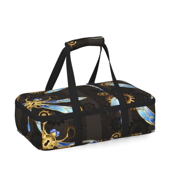 Mechanical Dragonflies Gold Steampunk Insulated Casserole Carrier for Hot Cold Food, Bakeware Potluck Thermal Lunch Bag for Lasagna, Parties, Tailgating