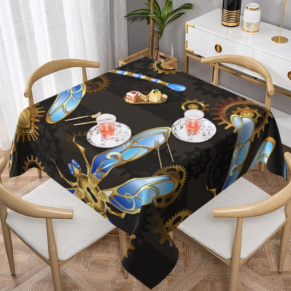 Mechanical Dragonflies Gold Steampunk Square Tablecloth 54x54 Waterproof Table Cover for Dining Table, Parties, Weddings, Picnics, Cafes