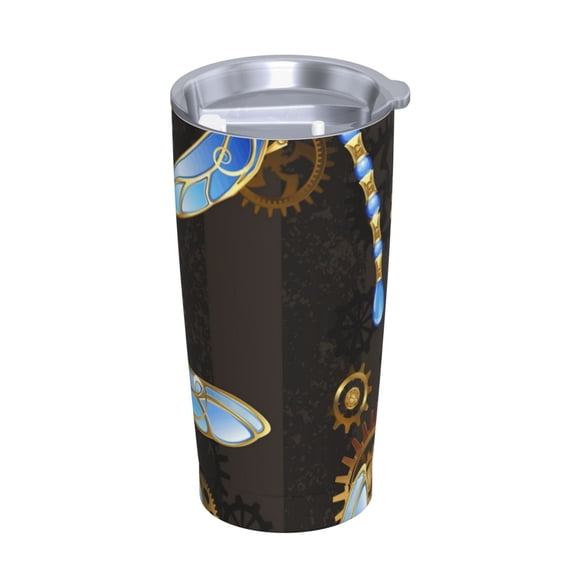 Mechanical Dragonflies Gold Steampunk Stainless Steel Tumbler with Lid and Straw 20oz Vacuum Insulated Travel Mug for Hot & Cold Drinks Coffee Wine Water Cup