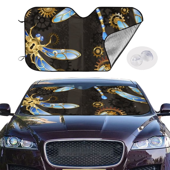Mechanical Dragonflies Gold Steampunk Windshield Sunshade Sun Shade Front Window Car Sun Visor Protector for Truck SUV Blocks UV Ray,Small