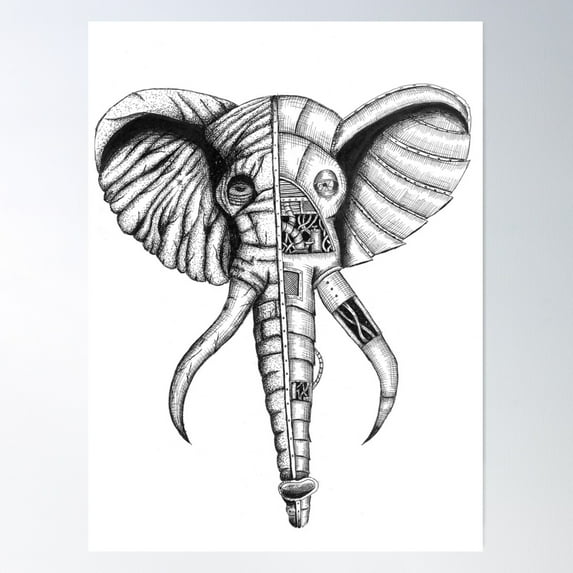 Mechanical Elephant In Black And White Poster Wall Art, Modern Wall Decor For Living Room Bedroom, 24x36 UNFRAMED