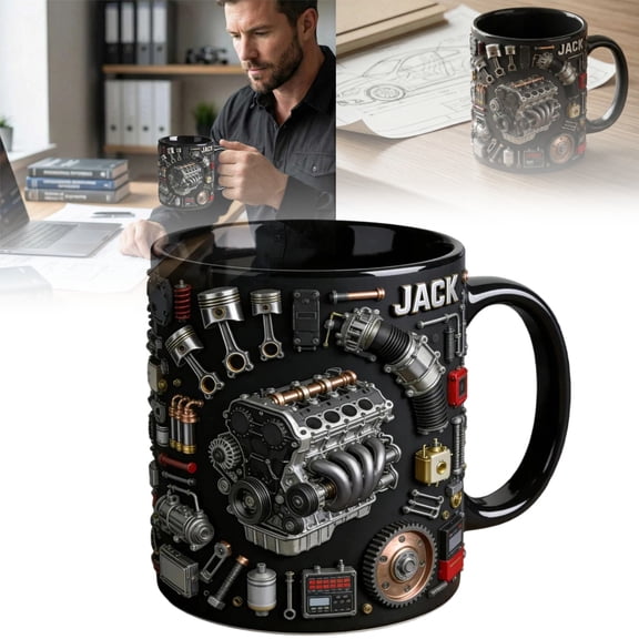 Mechanical Engine Parts Coffee Mug - 11oz Ceramic Car Themed Cup, Shop Gifts for Auto Lovers Home Office Decor