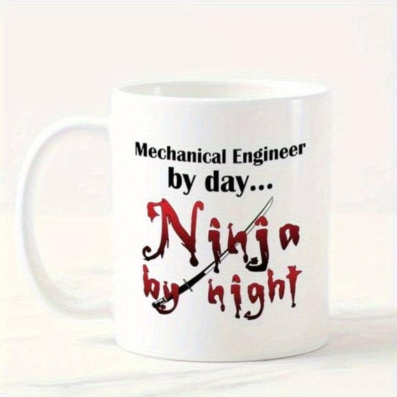 Mechanical Engineer Mug by Day by Night 11oz White Ceramic Coffee Cup with Bold Black Text Red Sword Design Funny Office Decor Sturdy Construction Model 84243 CFF Engineer Themed M