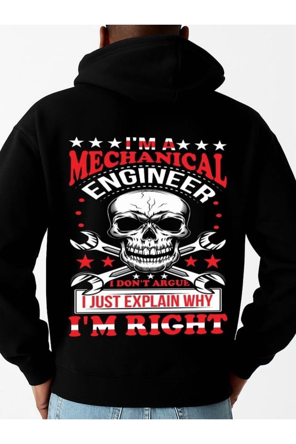 Mechanical Engineer graphic hoodies skeleton mens long sleeve black Casual Outdoor Jogging & Fitness Training Pullover, Regular Fit, Hooded Design, Comfortable Pullover halloween fire idk