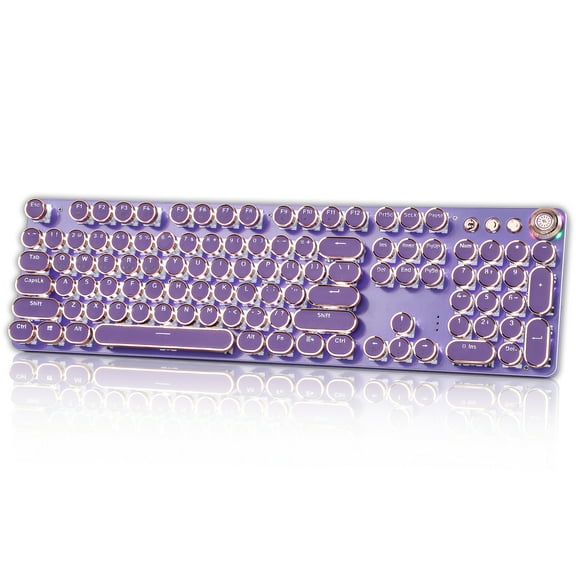 Hnjugfe Typewriter Style Mechanical Gaming Keyboard, Wired Mechanical Keyboards,104 Keys Backlit LED Keyboards, Media Control Knob, Wired Computer Keyboard Pink Switch for Windows/Mac/PC-Purple