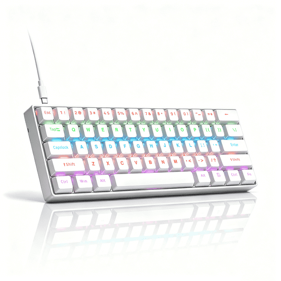 60% Percent Gaming Keyboard, Compact RGB Backlit Ergonomic Small Mini Keyboard for Windows Laptop PC Linear Blue Switch(61 Keys, White)